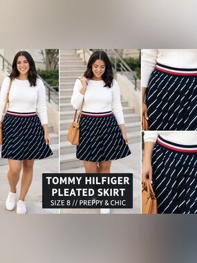 Tommy Hilfiger Pleated Skirt Size 8 Navy Striped Elastic Waist Preppy Chic